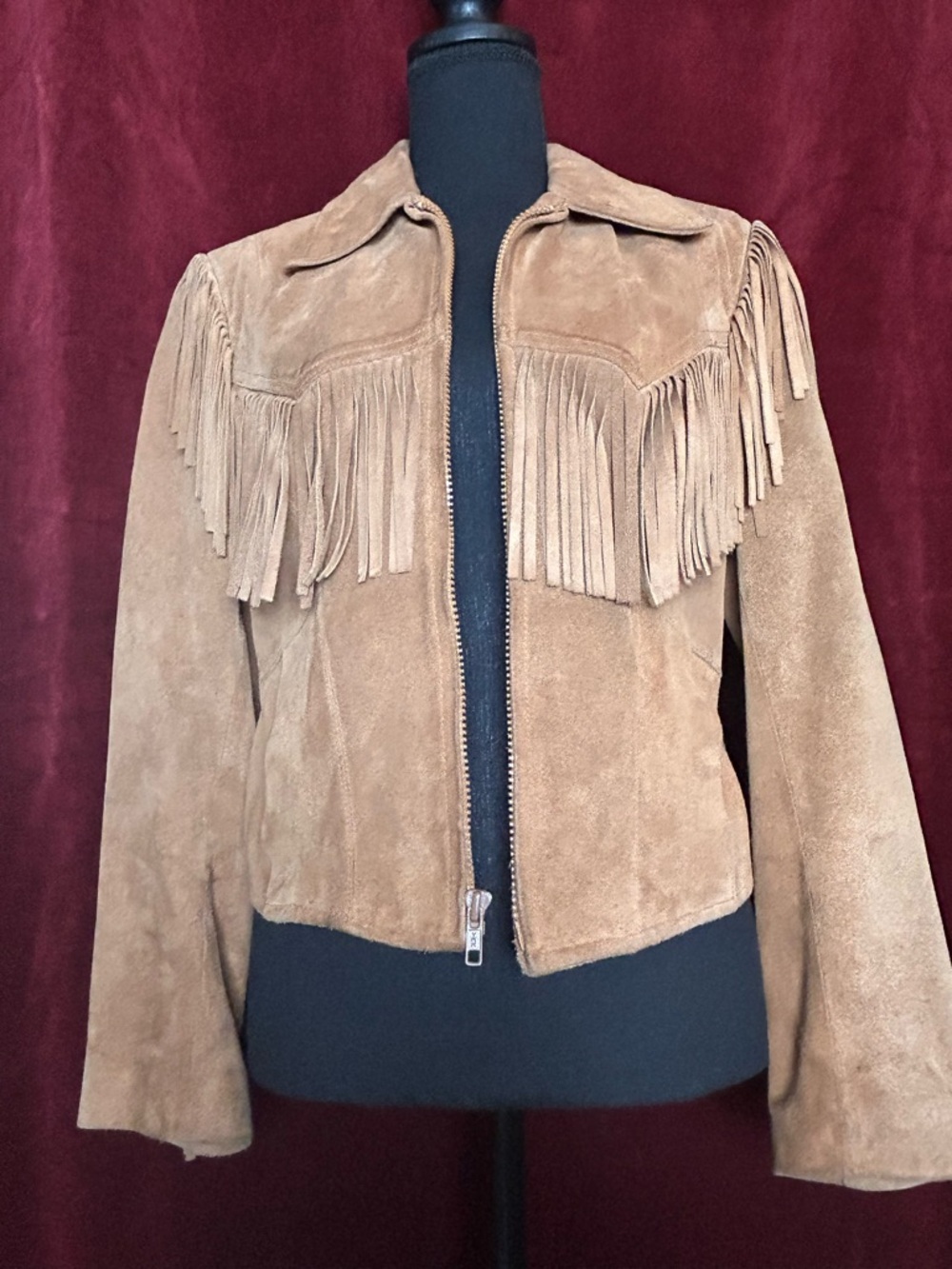 Suede Fringe Zip-Up Jacket in Tan